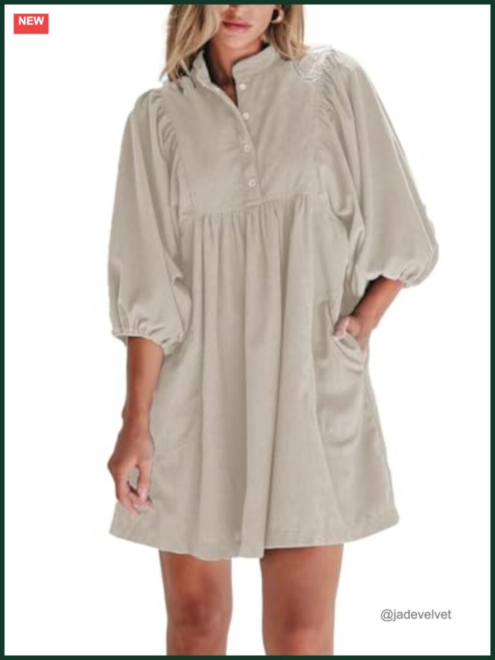 Women Corduroy Fall Winter Mini Babydoll Dress Long Sleeve V-Neck